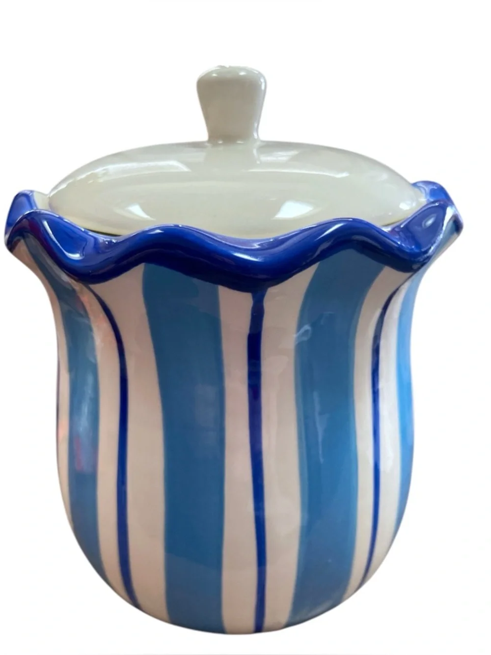 Hand Painted Blue White Ceramic Kitchen Canister Storage Jar w/ Lid 6” Tall